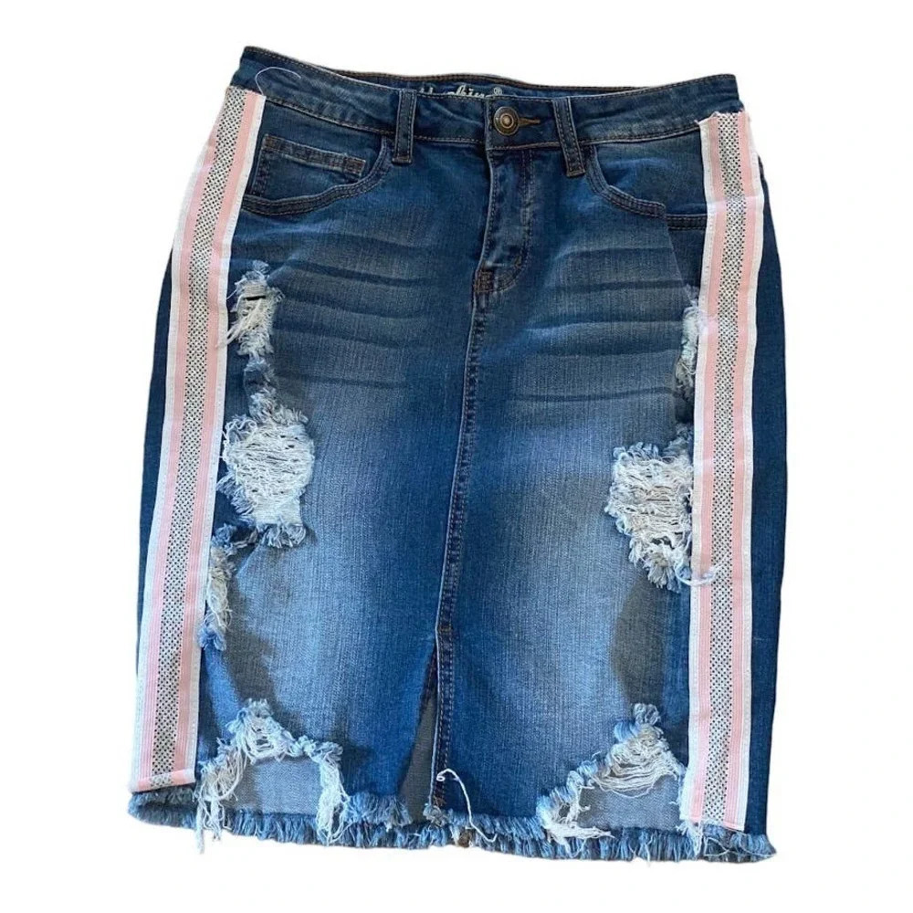 Machine Denim Skirt Glitter Size Large Pink White distressed Mini with pockets